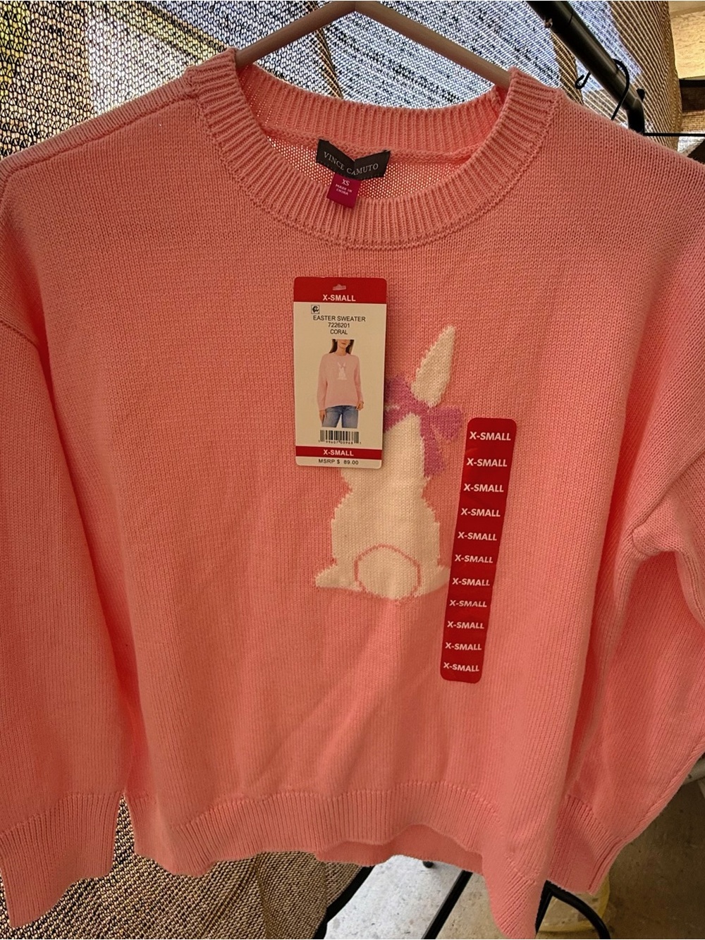 Vince Camuto Coral Crewneck Sweater with White Bunny Motif